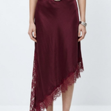 Asymmetrical Lace Hem Skirt - Burgundy