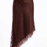 Asymmetrical Lace Hem Skirt - Brown