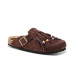 Dandara Suede Fringe Clogs - Maroon