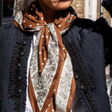 Polka Dot Paisley Border Scarf – Brown