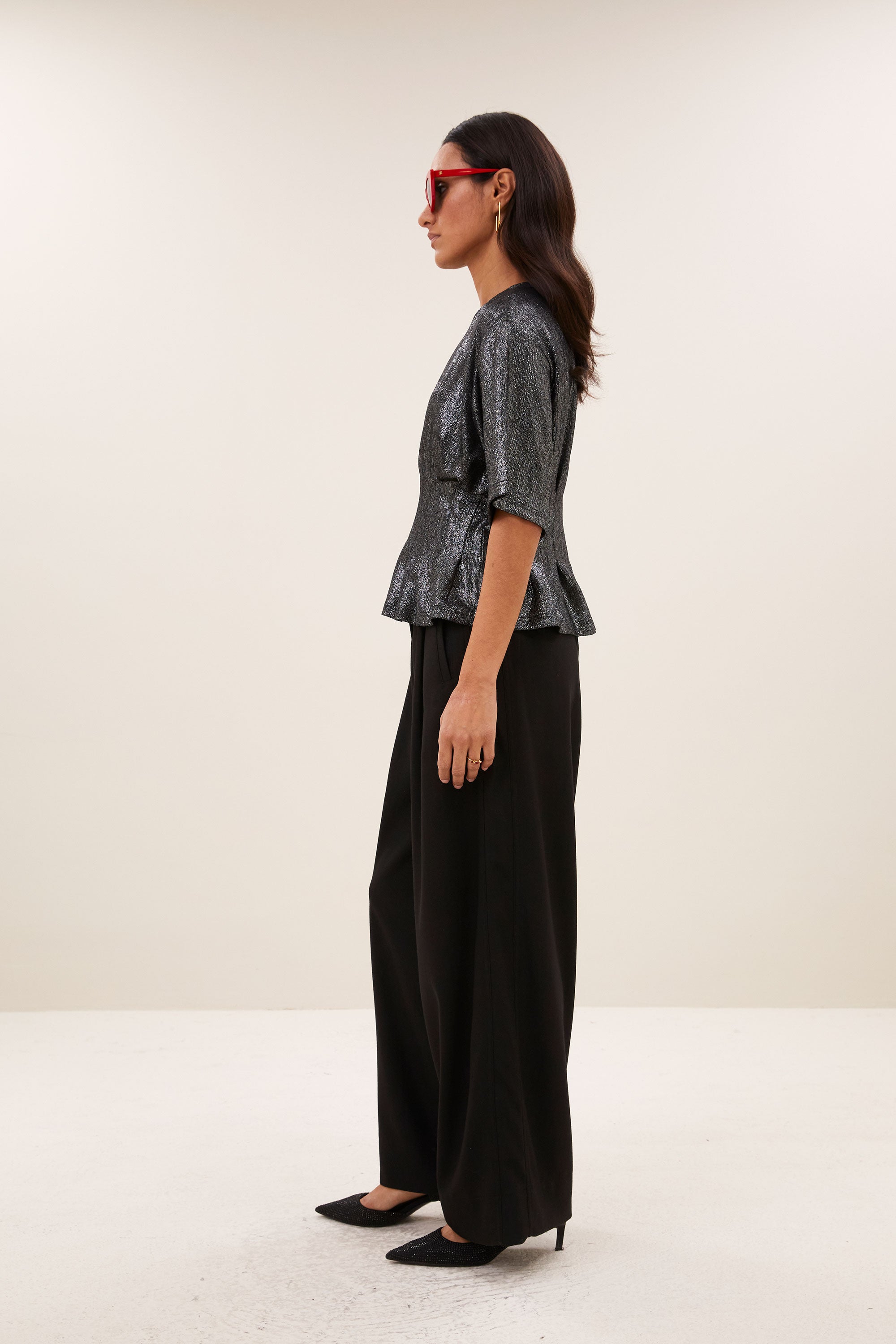 Jule Herringbone Trousers - Black