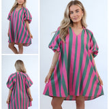 2912 Block Stripe Canvas Cotton Knee Length Dress - Pink/Green