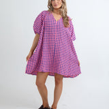 2912G Seersucker Gingham Knee Length Dress - Barbie Pink/Cobalt