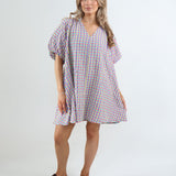 2912G Seersucker Gingham Knee Length Dress - Neon Yellow/Denim/Pink