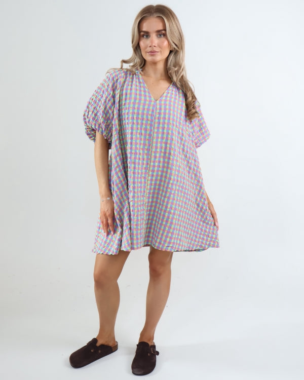 2912G Seersucker Gingham Knee Length Dress - Neon Yellow/Denim/Pink