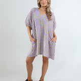 2912G Seersucker Gingham Knee Length Dress - Neon Yellow/Denim/Pink