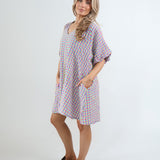 2912G Seersucker Gingham Knee Length Dress - Neon Yellow/Denim/Pink