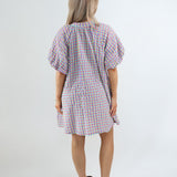 2912G Seersucker Gingham Knee Length Dress - Neon Yellow/Denim/Pink