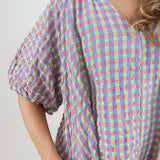 2912G Seersucker Gingham Knee Length Dress - Neon Yellow/Denim/Pink