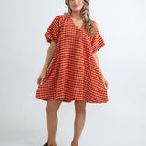 2912G Seersucker Gingham Knee Length Dress - Neon Orange/Rust