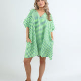 2912G Seersucker Gingham Knee Length Dress - Neon Yellow/Denim
