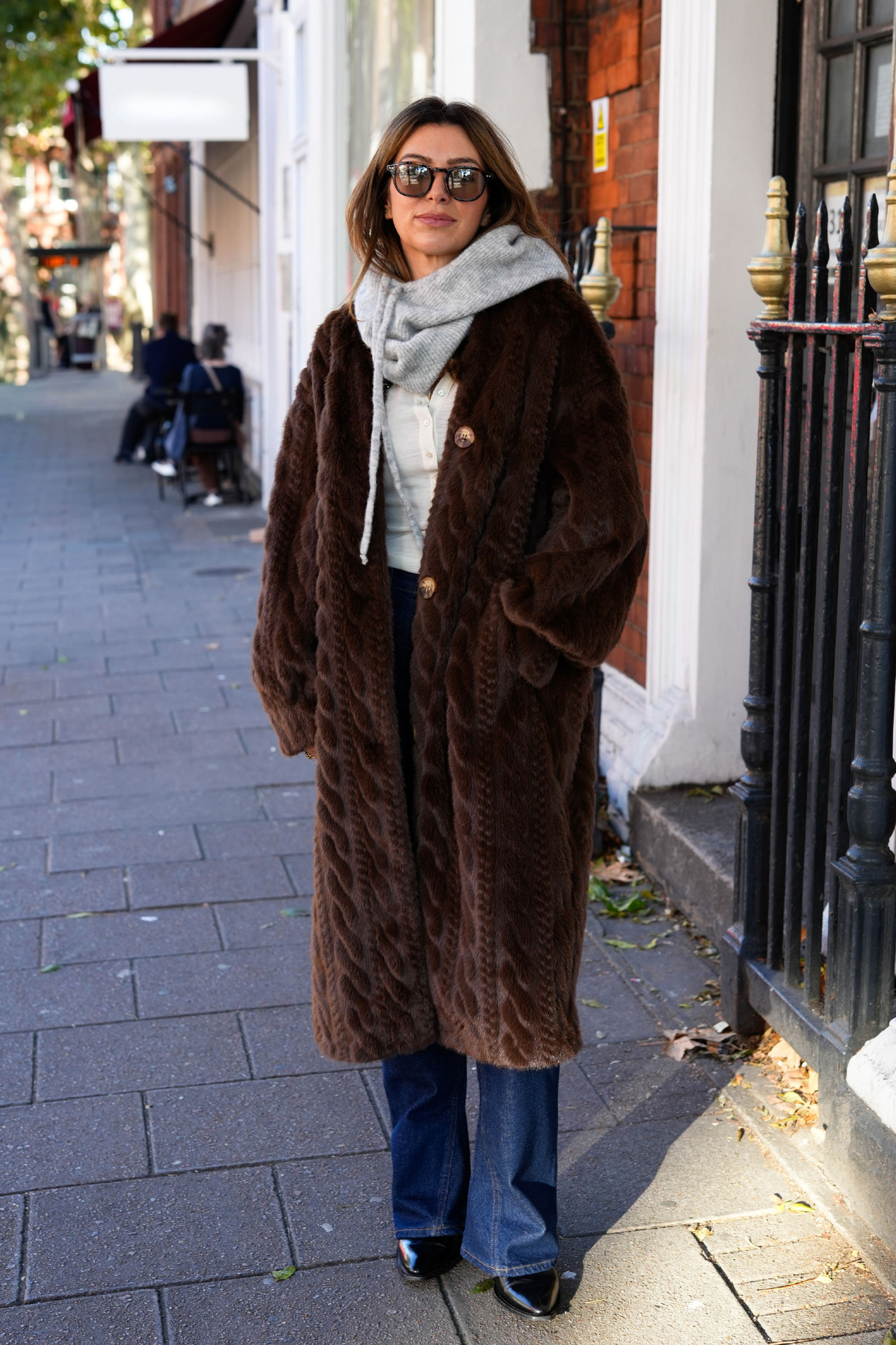 Long Faux Fur Cable Cardigan Coat- Espresso