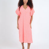 30061 Gingham Seersucker Dolly Dress - Neon Orange/Pink