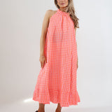 3040 Halter Neck Gingham Seersucker Dress - Neon Orange/Pink