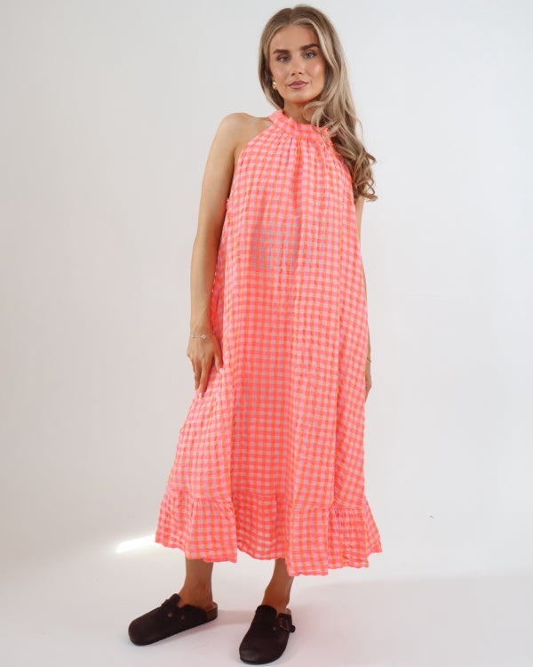 3040 Halter Neck Gingham Seersucker Dress - Neon Orange/Pink