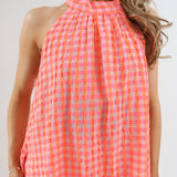 3040 Halter Neck Gingham Seersucker Dress - Neon Orange/Pink