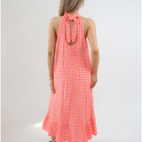 3040 Halter Neck Gingham Seersucker Dress - Neon Orange/Pink