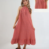 3040 Halter Neck Gingham Seersucker Dress - Neon Coral/Green