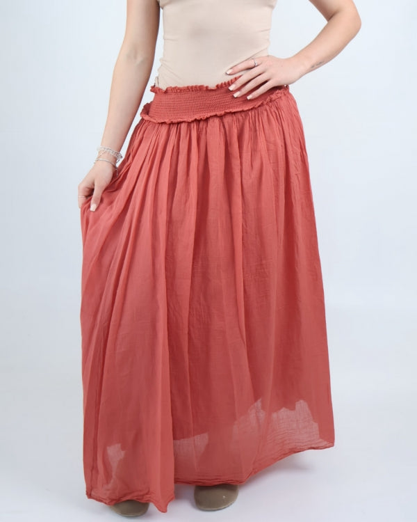5103 Shirred Waist Cotton Ankle Length Skirt - Terracotta