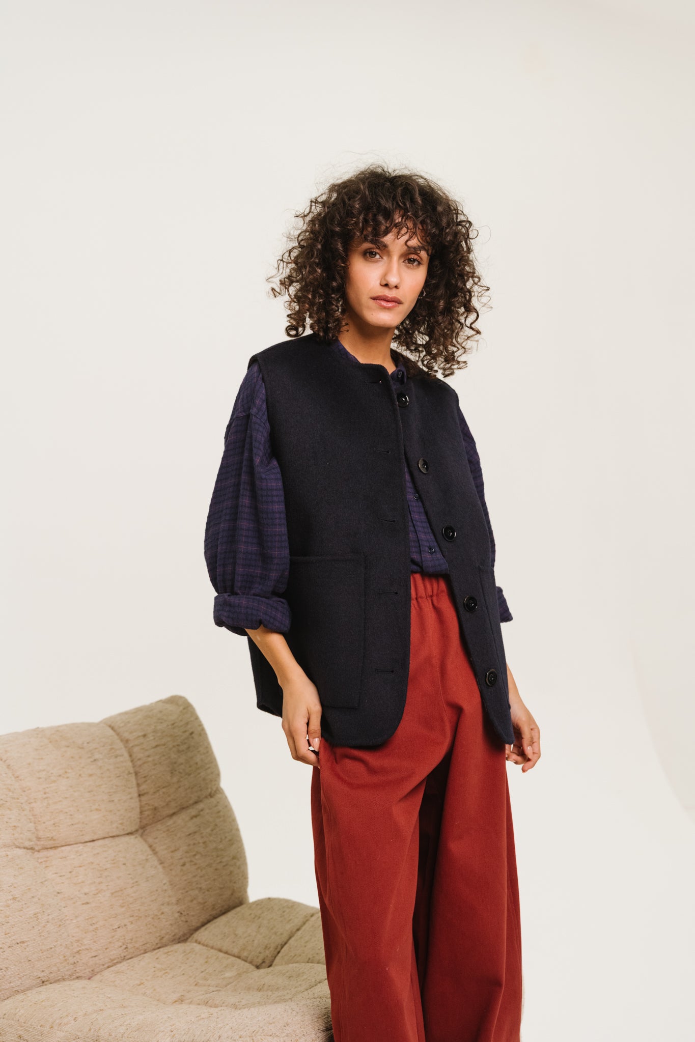 Antonia Check Reversible Gilet - Navy