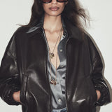 Bubble Hem Leather Bomber Jacket - Chocolate