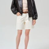 Bubble Hem Leather Bomber Jacket - Chocolate