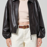 Bubble Hem Leather Bomber Jacket - Chocolate