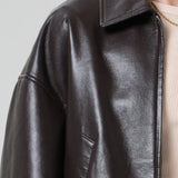 Bubble Hem Leather Bomber Jacket - Chocolate
