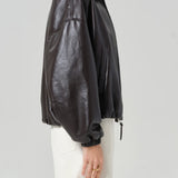 Bubble Hem Leather Bomber Jacket - Chocolate