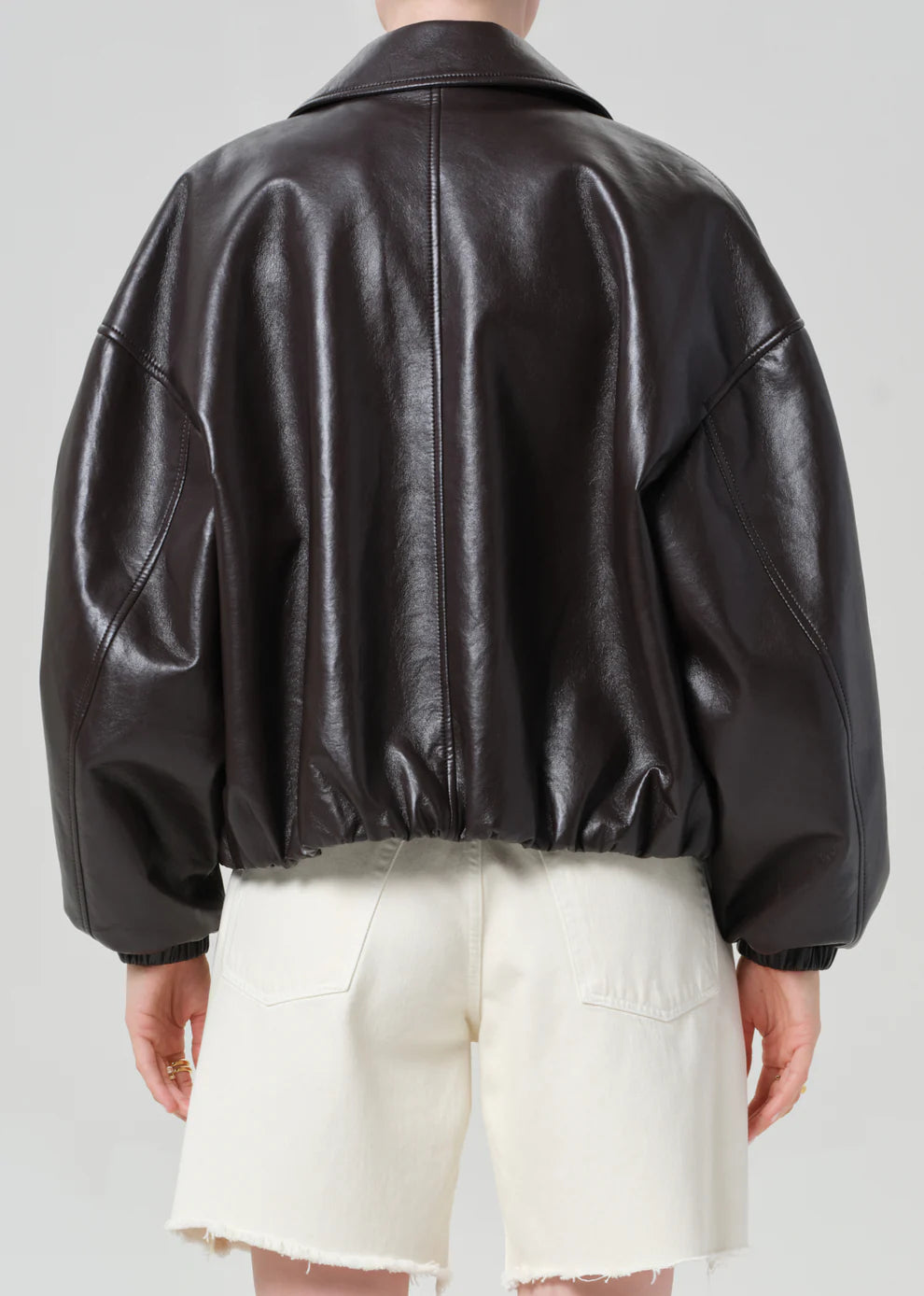 Bubble Hem Leather Bomber Jacket - Chocolate