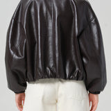 Bubble Hem Leather Bomber Jacket - Chocolate