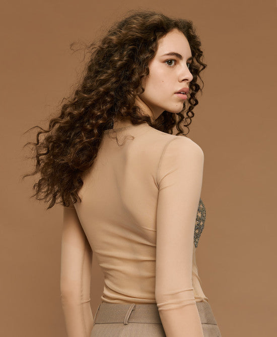 Bodysuit with Rhinestones - Beige
