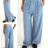 5808 Wide Leg Linen Cotton Mix Gauze Trousers - Light Denim