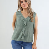 62590/2 Frill neckline Crinkled Sleeveless Vest - Khaki