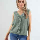 62590/2 Frill neckline Crinkled Sleeveless Vest - Khaki
