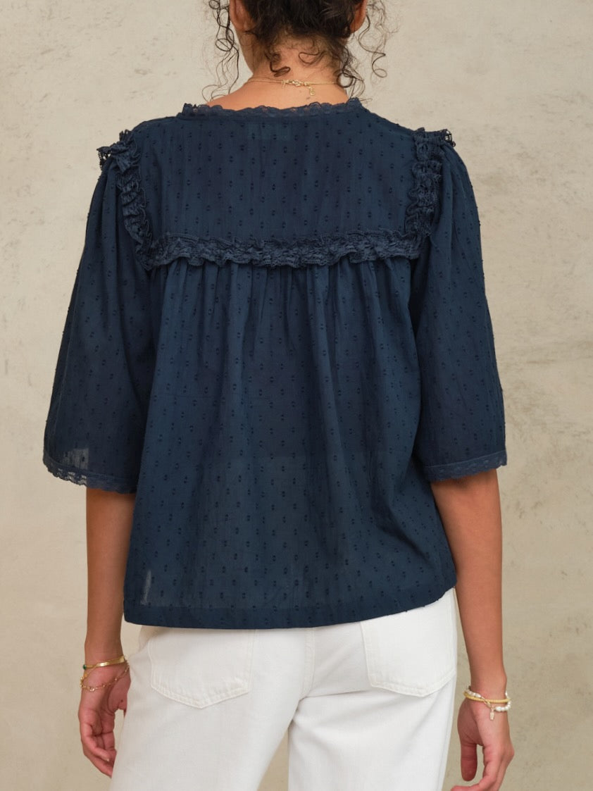 Brea Frill Emb Top - Navy