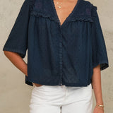 Brea Frill Emb Top - Navy