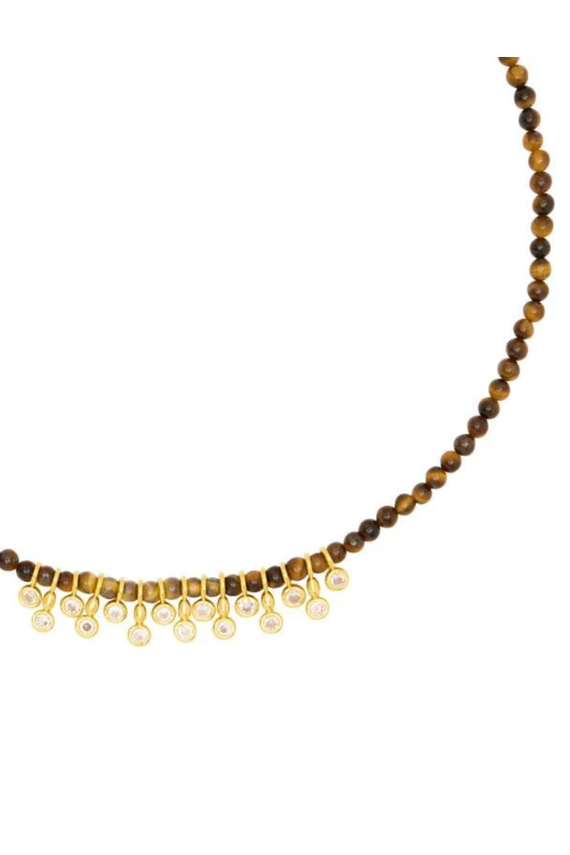 Beaded Necklace with CZ Cluster - Tiger's Eye