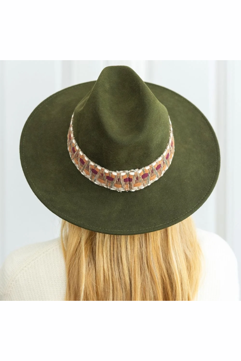 Wide Brim Ethnic Band Fedora Hat - Loden