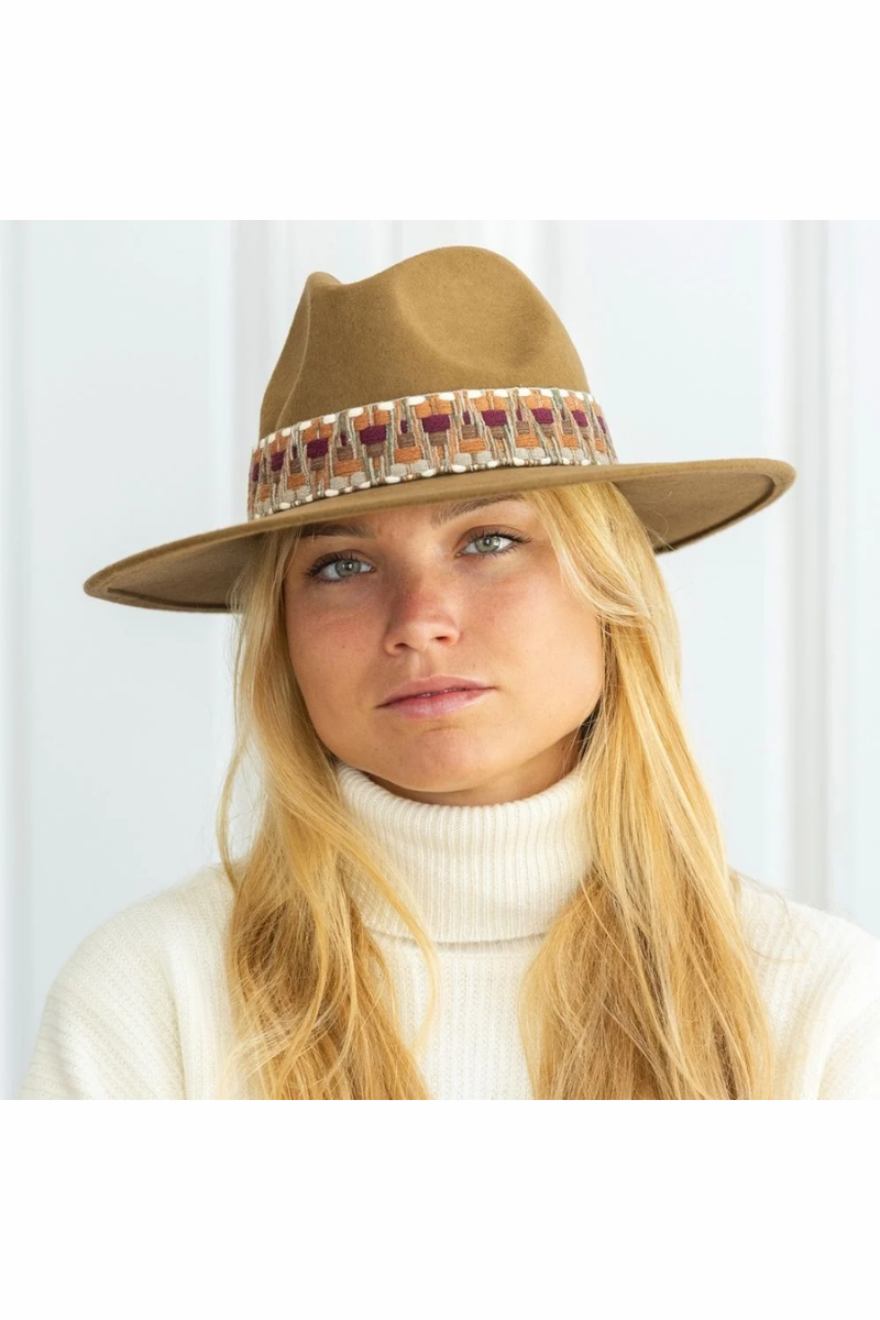Wide Brim Ethnic Band Fedora Hat - Camel