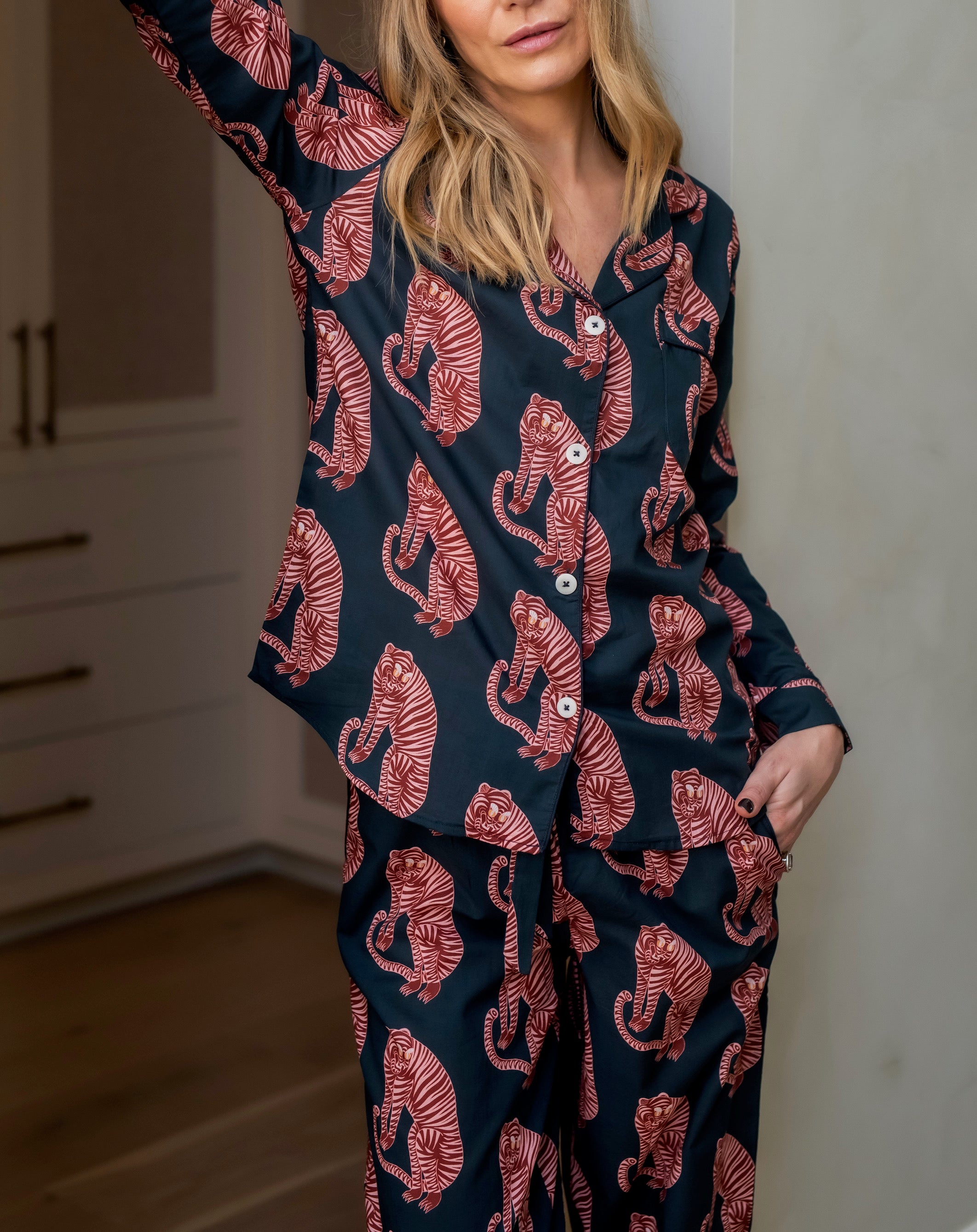Tiger Pyjama Long Set - Navy/Pink