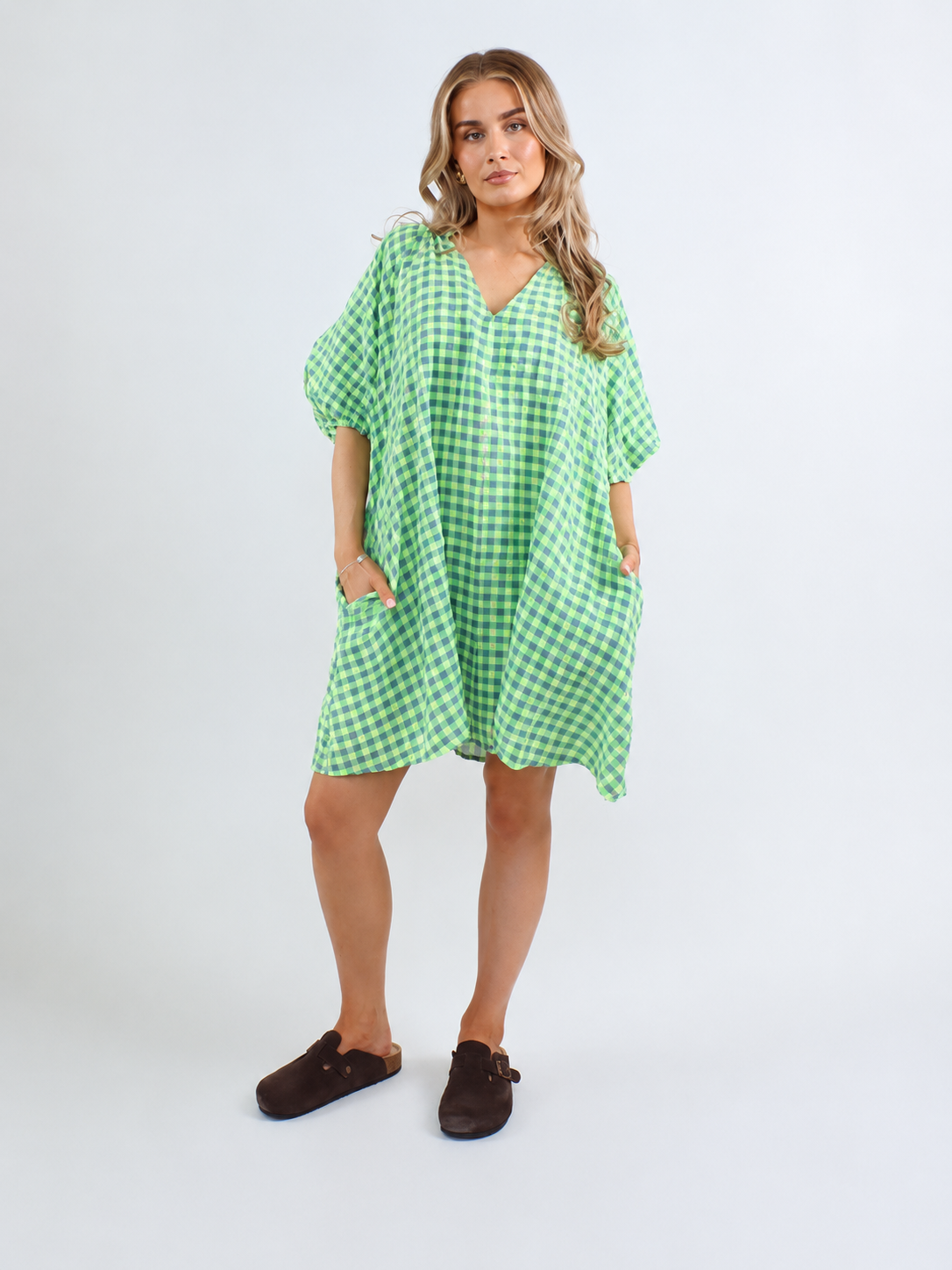 2912G Seersucker Gingham Knee Length Dress - Neon Yellow/Denim