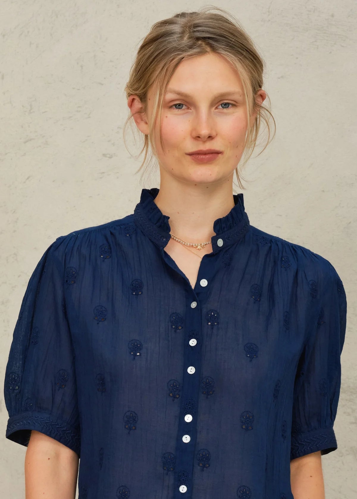 Frani Emb S/S Top - Indigo