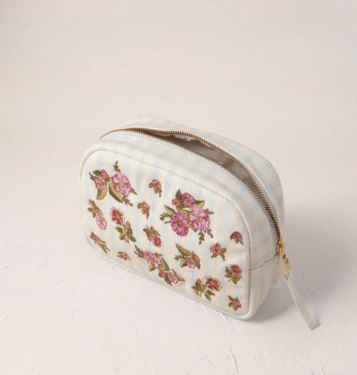 Floral Bouquet Stripe Makeup Bag - Light Blue