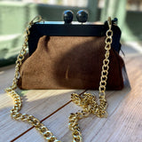 Wooden Clip Suede Bag - Chocolate