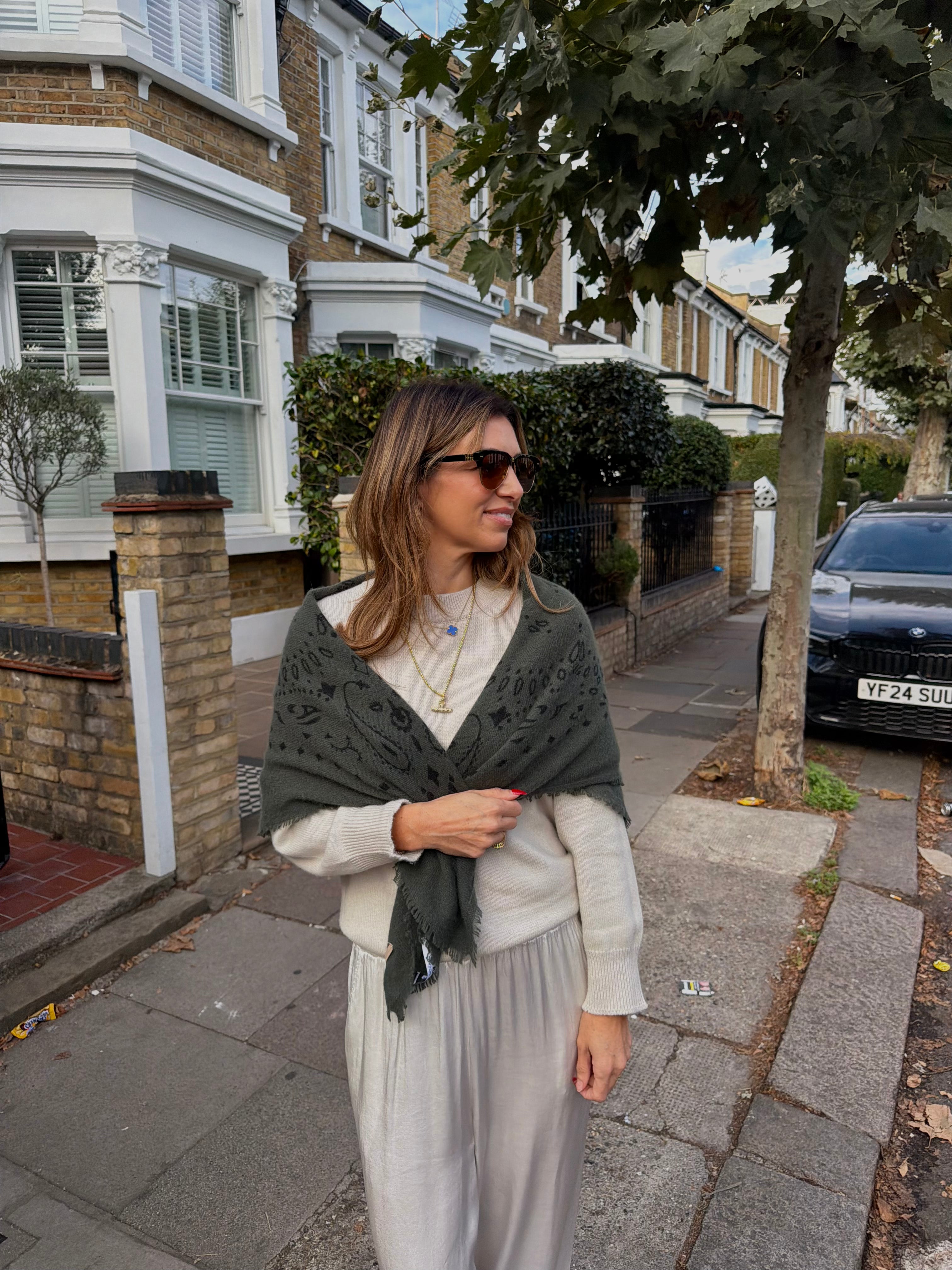 Large Cashmere Square Bandana Scarf - Khaki