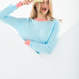 Contrast Crew Jumper - Aqua/Coral