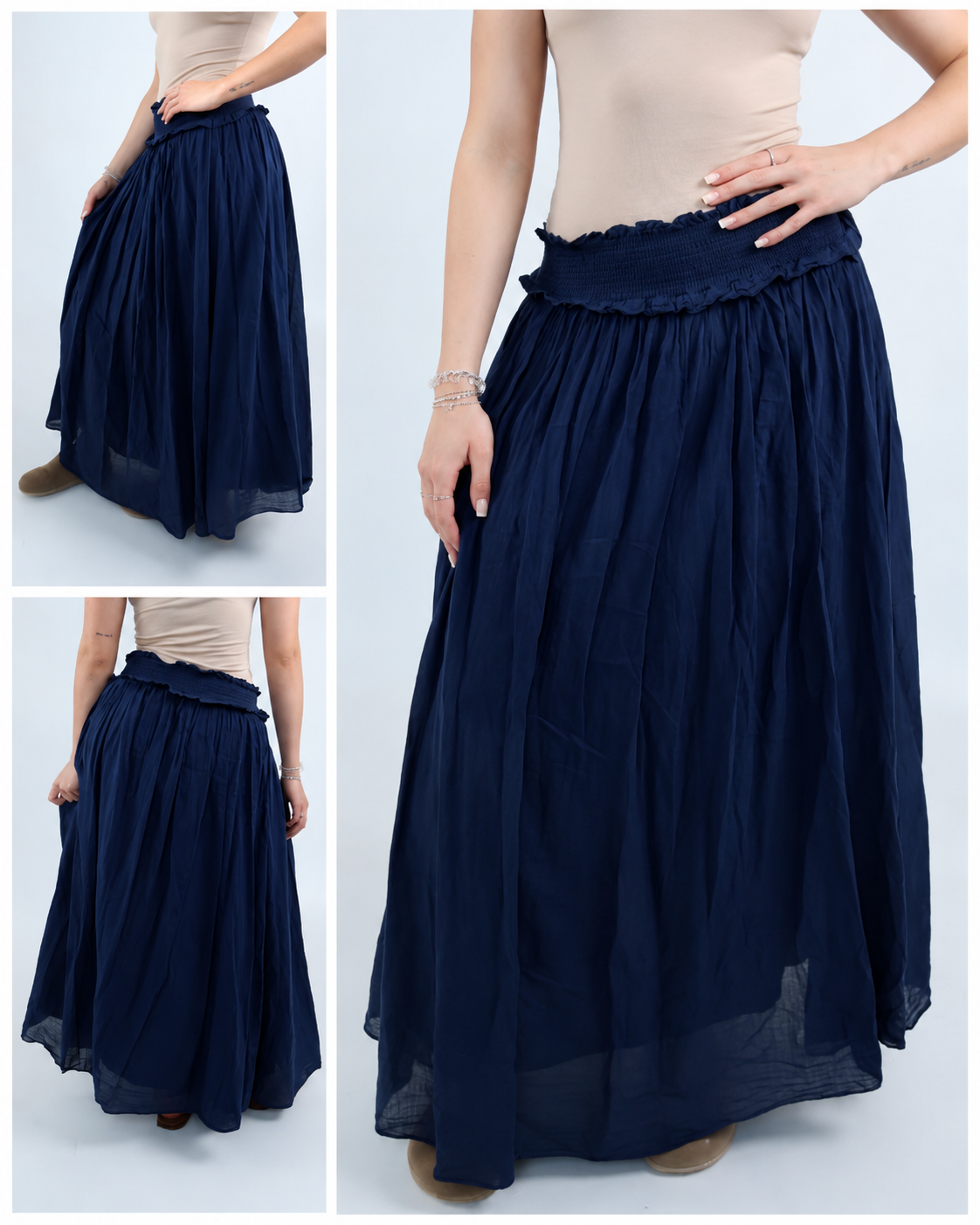 5103 Shirred Waist Cotton Ankle Length Skirt - Navy