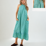 3040 Halter Neck Gingham Seersucker Dress - Neon Green/Denim