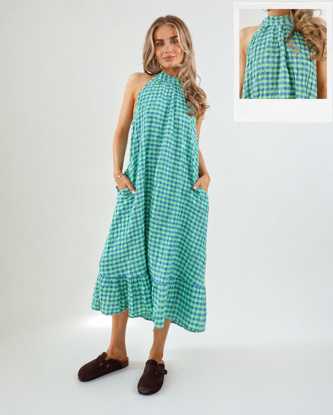 3040 Halter Neck Gingham Seersucker Dress - Neon Green/Denim